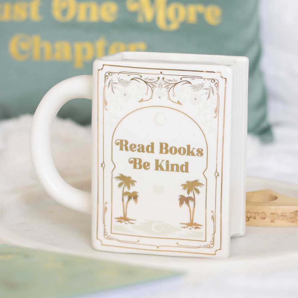 READ BOOKS, BE KIND – БЯЛА ЧАША С ФОРМА НА КНИГА