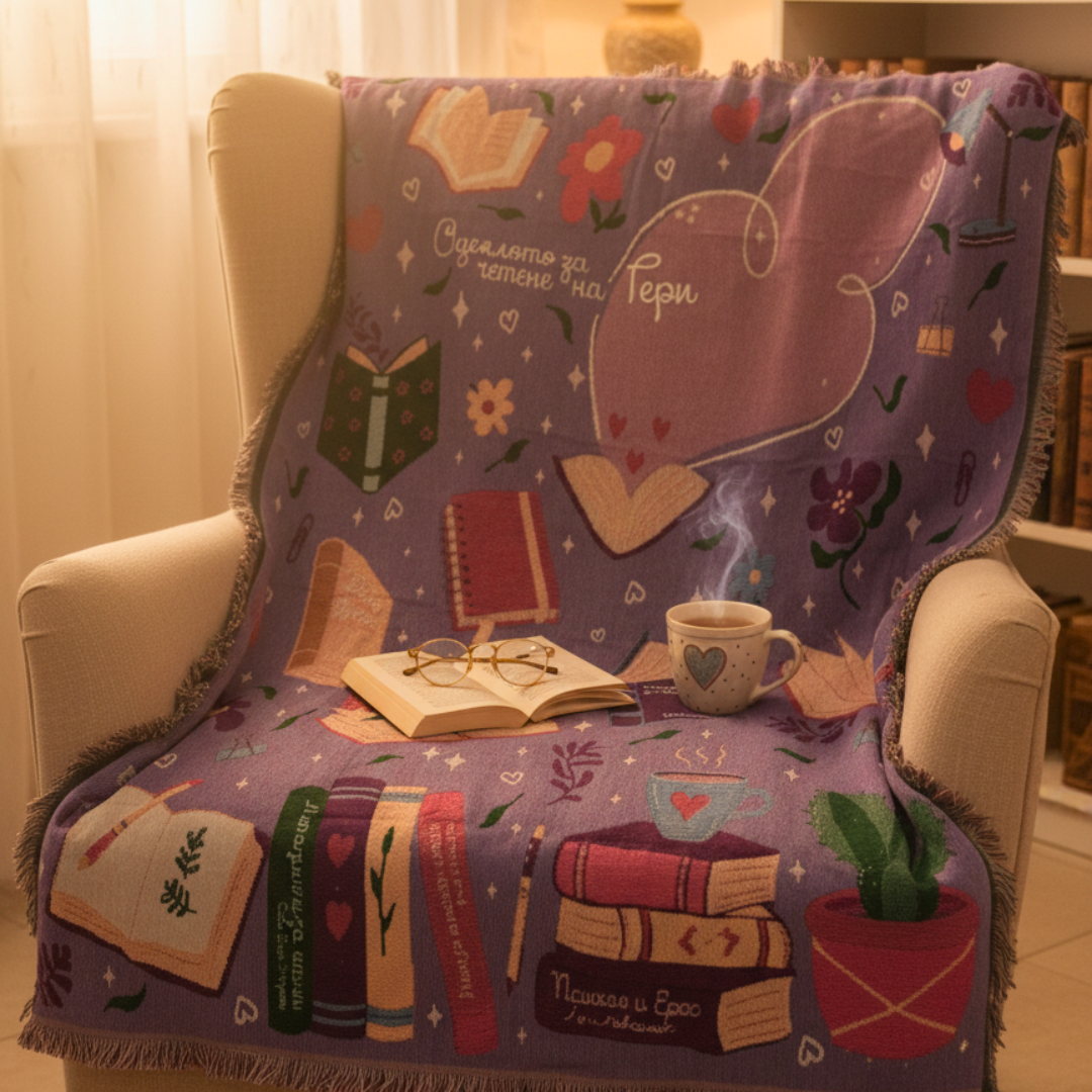 ЖАКАРДОВО ТЪКАНО ОДЕЯЛО С КНИЖНИ МОТИВИ